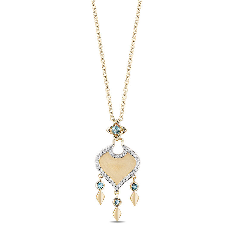 Enchanted Disney Jasmine Swiss Blue Topaz and 1/10 CT. T.W. Diamond Arabesque Drop Pendant in 10K Gold - 19"