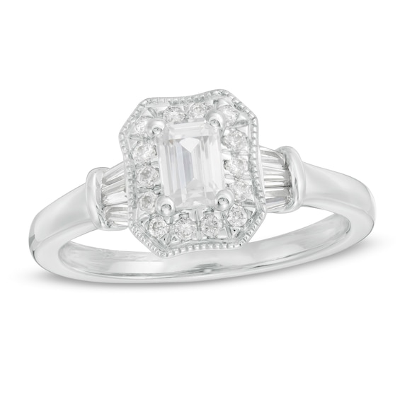 3/4 CT. T.w. Certified Emerald-Cut Diamond Octagonal Frame Vintage-Style Engagement Ring in 14K White Gold (I/I1)