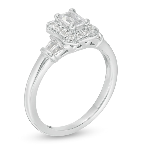 3/4 CT. T.w. Certified Emerald-Cut Diamond Octagonal Frame Vintage-Style Engagement Ring in 14K White Gold (I/I1)