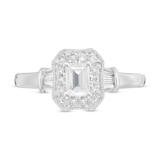 3/4 CT. T.w. Certified Emerald-Cut Diamond Octagonal Frame Vintage-Style Engagement Ring in 14K White Gold (I/I1)