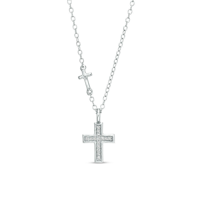 Main Image 1 of Diamond Accent Petite Two Cross Pendant in 10K White Gold - 19"