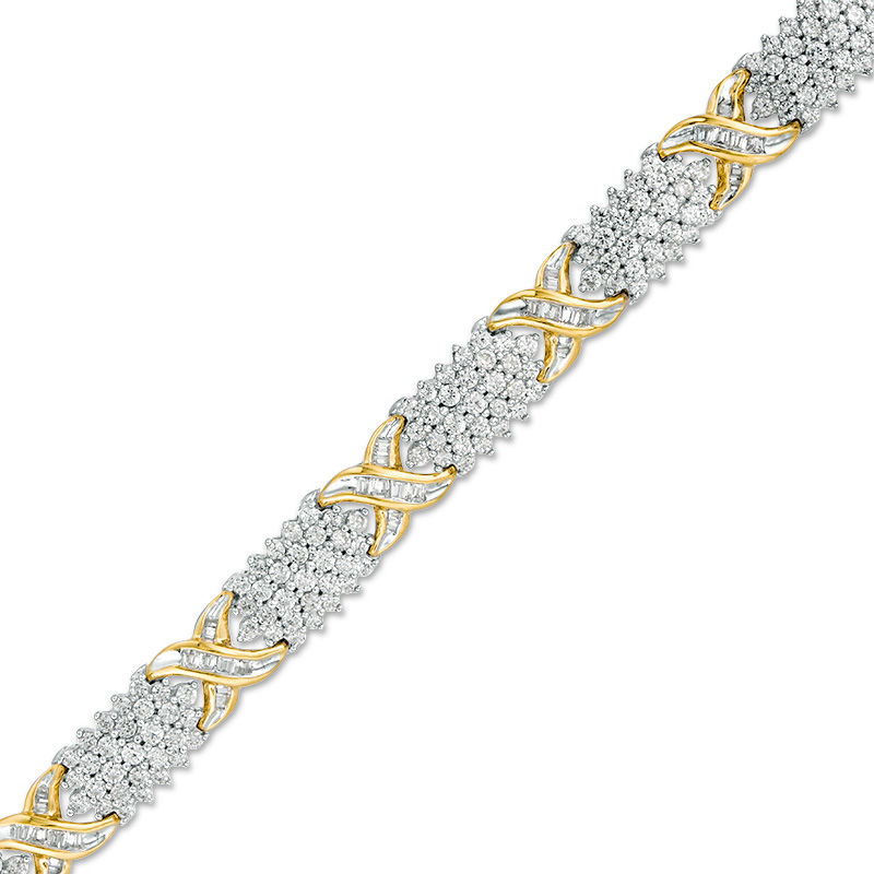 4 CT. T.W. Baguette and Round Diamond Five Row "X" Bracelet in 10K Two-Tone Gold