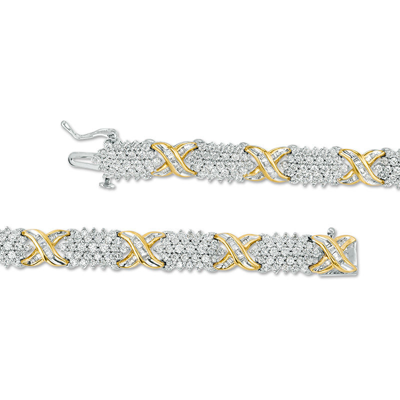 4 CT. T.W. Baguette and Round Diamond Five Row "X" Bracelet in 10K Two-Tone Gold