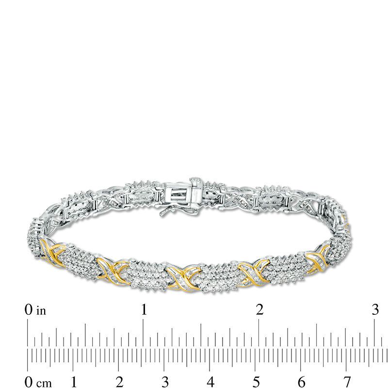 Main Image 4 of 4 CT. T.W. Baguette and Round Diamond Five Row "X" Bracelet in 10K Two-Tone Gold