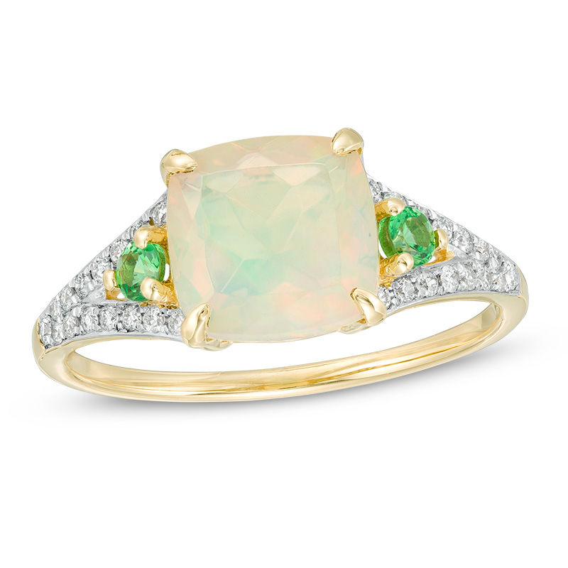 8.0mm Cushion-Cut Opal, Tsavorite and 1/8 CT. T.W. Diamond Side Accent Split Shank Ring in 10K Gold