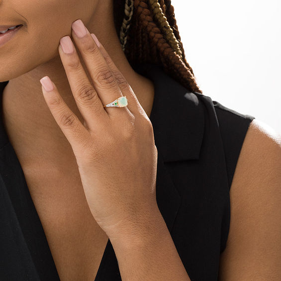 8.0mm Cushion-Cut Opal, Tsavorite and 1/8 CT. T.w. Diamond Side Accent Split Shank Ring in 10K Gold