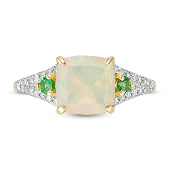 8.0mm Cushion-Cut Opal, Tsavorite and 1/8 CT. T.w. Diamond Side Accent Split Shank Ring in 10K Gold