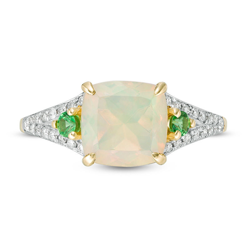 Main Image 3 of 8.0mm Cushion-Cut Opal, Tsavorite and 1/8 CT. T.W. Diamond Side Accent Split Shank Ring in 10K Gold