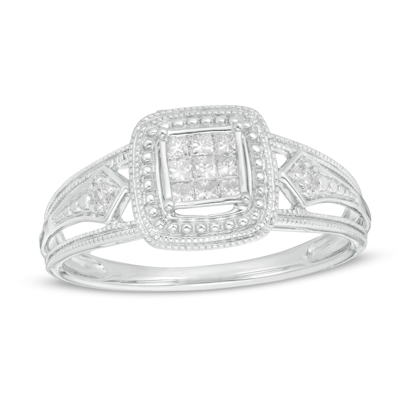 Main Image 1 of 1/6 CT. T.W. Princess-Cut and Round Diamond Frame Vintage-Style Promise Ring in 10K White Gold