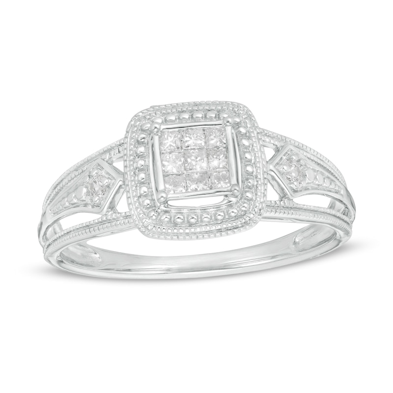 1/6 CT. T.W. Princess-Cut and Round Diamond Frame Vintage-Style Promise Ring in 10K White Gold