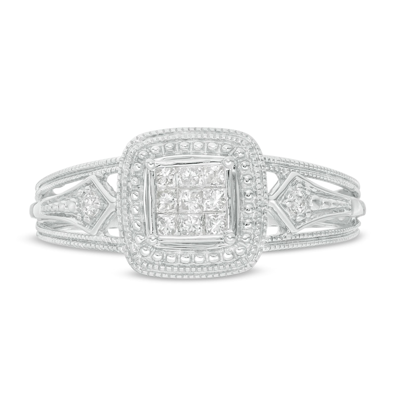 Main Image 4 of 1/6 CT. T.W. Princess-Cut and Round Diamond Frame Vintage-Style Promise Ring in 10K White Gold