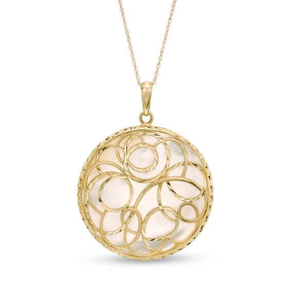 30.0mm Mother-of-Pearl Diamond-Cut Swirl Pattern Overlay Medallion Pendant in 10K Gold