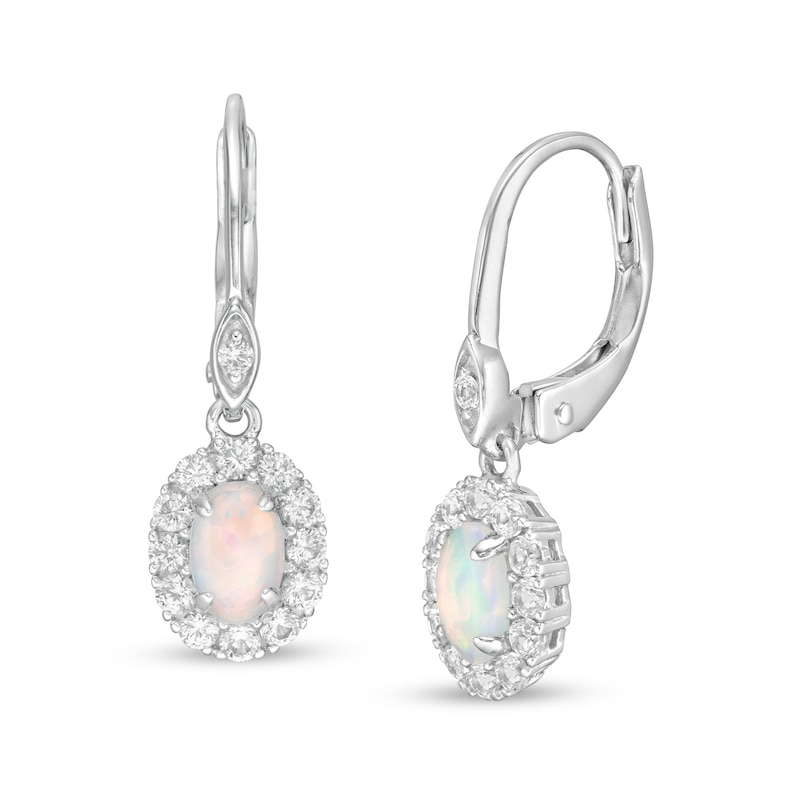 Main Image 1 of Oval Lab-Created Opal and White Sapphire Frame Drop Earrings in Sterling Silver