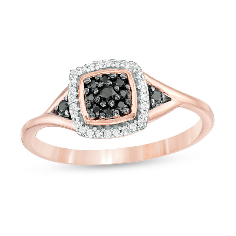 1/6 CT. T.W. Enhanced Black Composite and White Diamond Cushion Frame Ring in 10K Rose Gold
