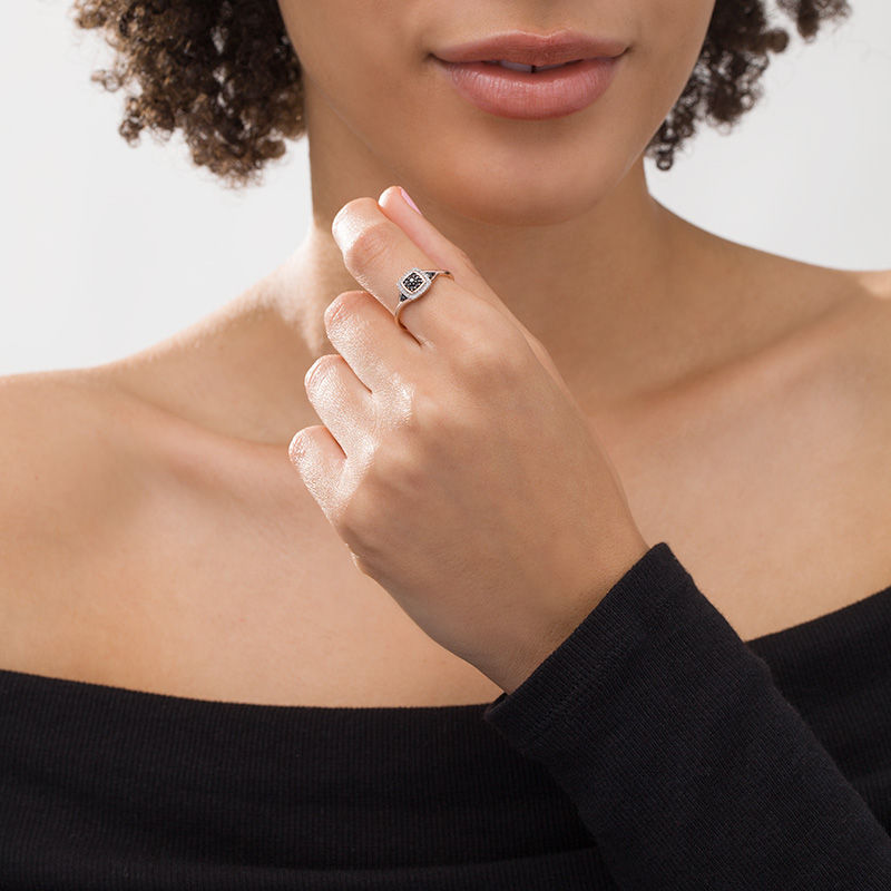 Main Image 2 of 1/6 CT. T.W. Enhanced Black Composite and White Diamond Cushion Frame Ring in 10K Rose Gold