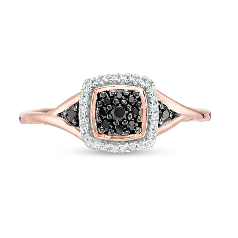 1/6 CT. T.W. Enhanced Black Composite and White Diamond Cushion Frame Ring in 10K Rose Gold
