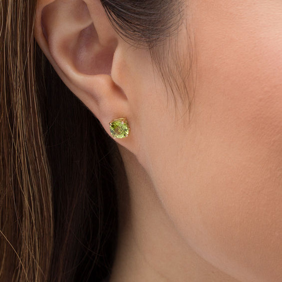 6.0mm Checkerboard Cushion-Shaped Peridot Solitaire Stud Earrings in 10K Gold