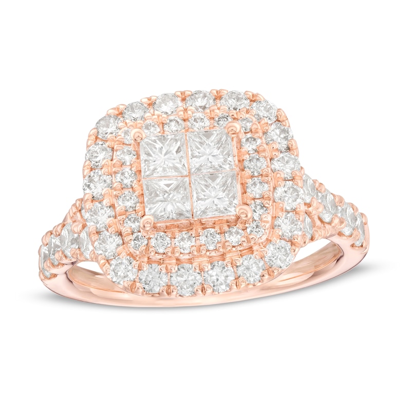 Main Image 1 of 1-3/4 CT. T.W. Quad Princess-Cut Diamond Double Cushion Frame Engagement Ring in 14K Rose Gold
