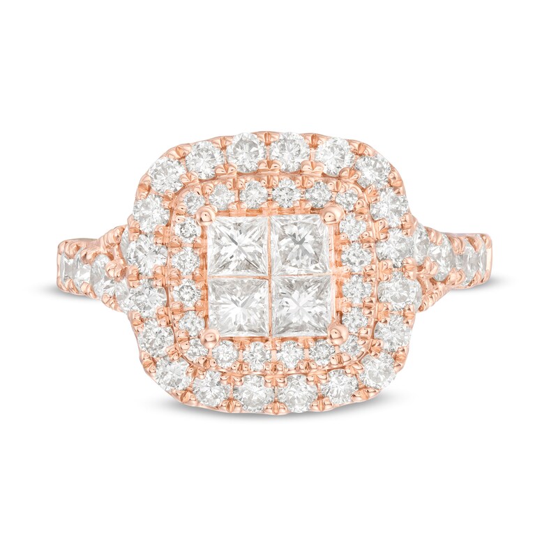Main Image 4 of 1-3/4 CT. T.W. Quad Princess-Cut Diamond Double Cushion Frame Engagement Ring in 14K Rose Gold