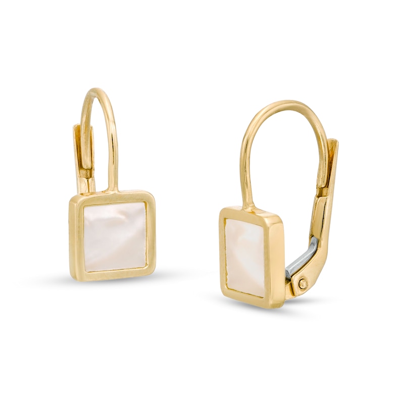 Main Image 1 of 7.5mm Princess-Cut Mother-of-Pearl Bezel-Set Drop Earrings in 10K Gold