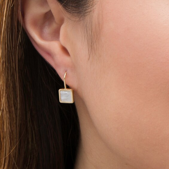 7.5mm Princess-Cut Mother-of-Pearl Bezel-Set Drop Earrings in 10K Gold