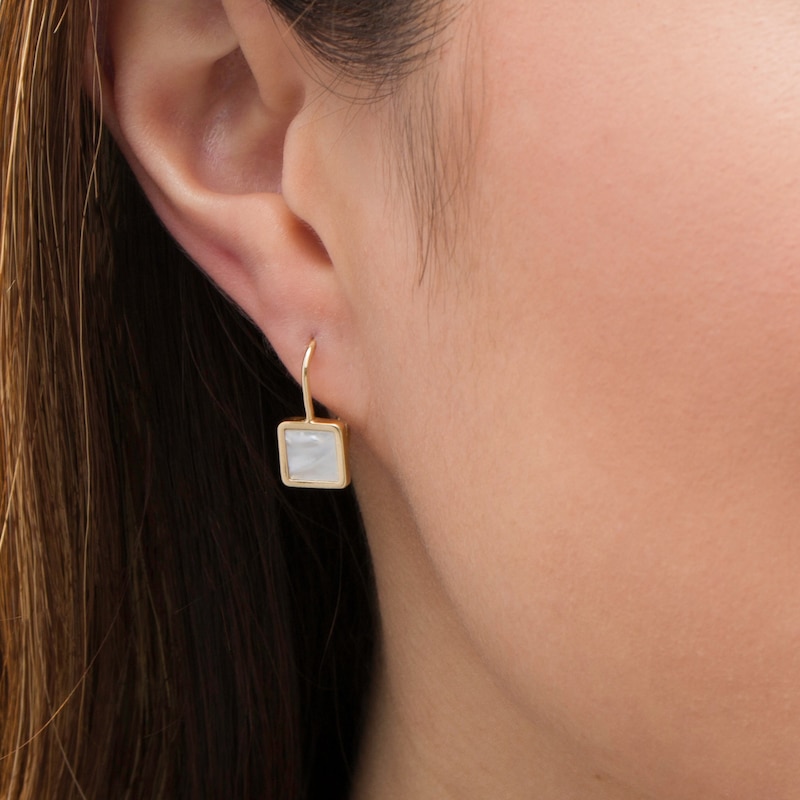 Main Image 2 of 7.5mm Princess-Cut Mother-of-Pearl Bezel-Set Drop Earrings in 10K Gold