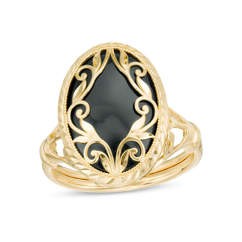Main Image 1 of Oval Onyx and Diamond-Cut Frame Scroll Overlay Vintage-Style Ring in 10K Gold - Size 7