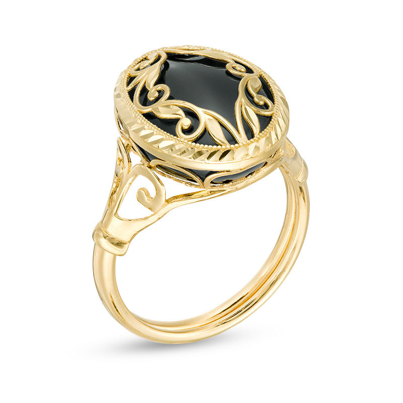 Main Image 3 of Oval Onyx and Diamond-Cut Frame Scroll Overlay Vintage-Style Ring in 10K Gold - Size 7