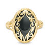 Oval Onyx and Diamond-Cut Frame Scroll Overlay Vintage-Style Ring in 10K Gold - Size 7