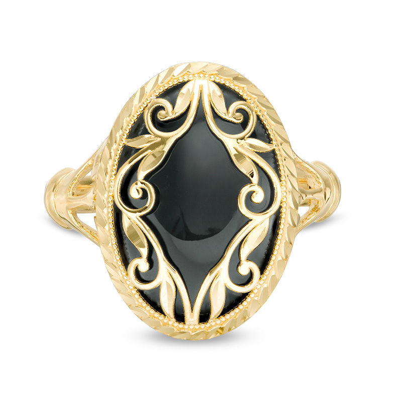 Main Image 4 of Oval Onyx and Diamond-Cut Frame Scroll Overlay Vintage-Style Ring in 10K Gold - Size 7