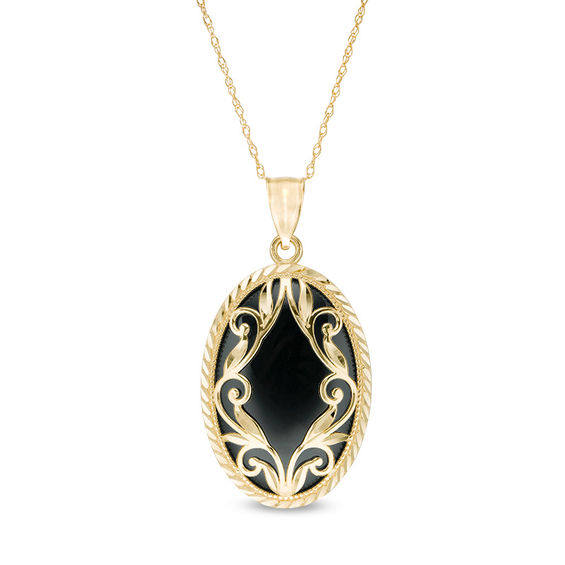 Oval Onyx and Diamond-Cut Frame Scroll Overlay Vintage-Style Pendant in 10K Gold