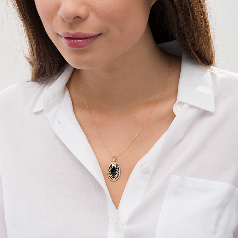 Main Image 2 of Oval Onyx and Diamond-Cut Frame Scroll Overlay Vintage-Style Pendant in 10K Gold