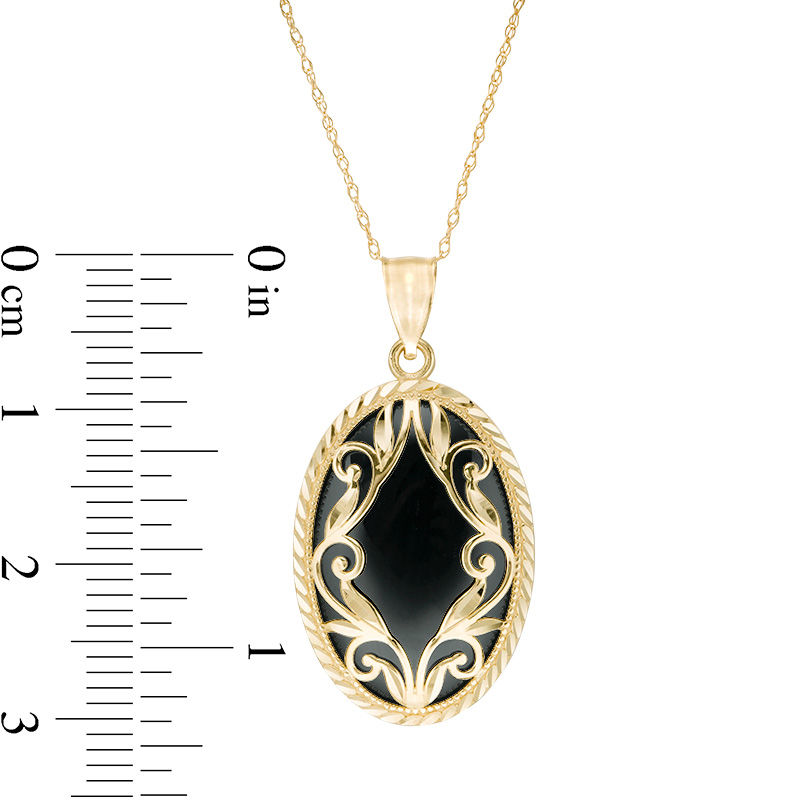 Main Image 3 of Oval Onyx and Diamond-Cut Frame Scroll Overlay Vintage-Style Pendant in 10K Gold