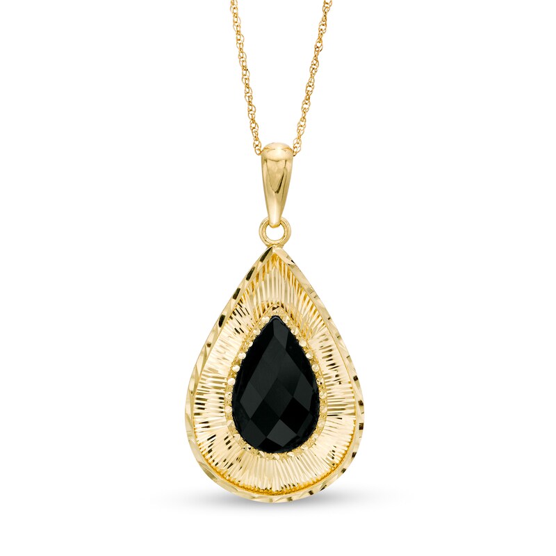 Main Image 1 of Pear-Shaped Onyx Diamond-Cut Frame Pendant in 10K Gold