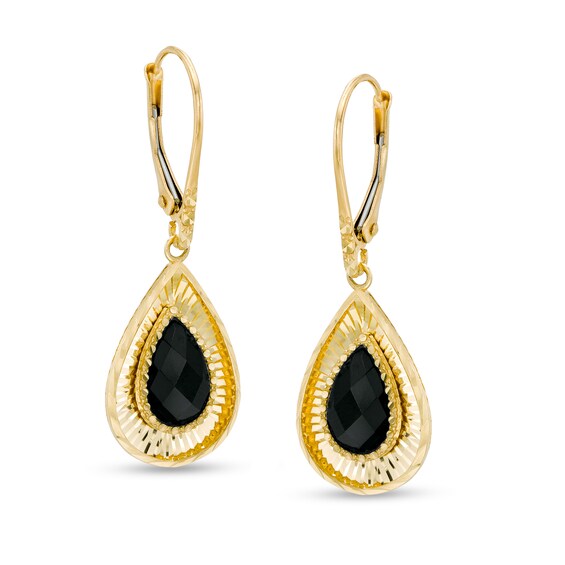 Pear-Shaped Onyx Diamond-Cut Frame Drop Earrings in 10K Gold