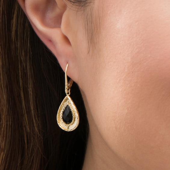 Pear-Shaped Onyx Diamond-Cut Frame Drop Earrings in 10K Gold