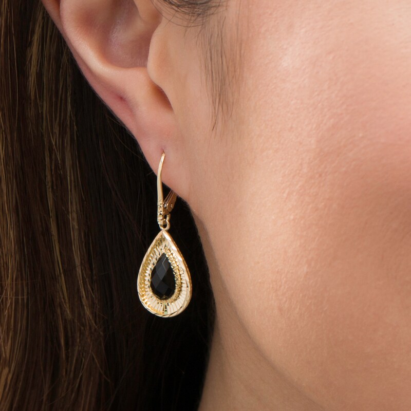 Main Image 2 of Pear-Shaped Onyx Diamond-Cut Frame Drop Earrings in 10K Gold