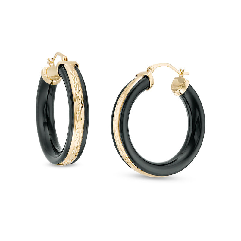 Main Image 1 of Onyx Border and Diamond-Cut Triple Row Hoop Earrings in 10K Gold