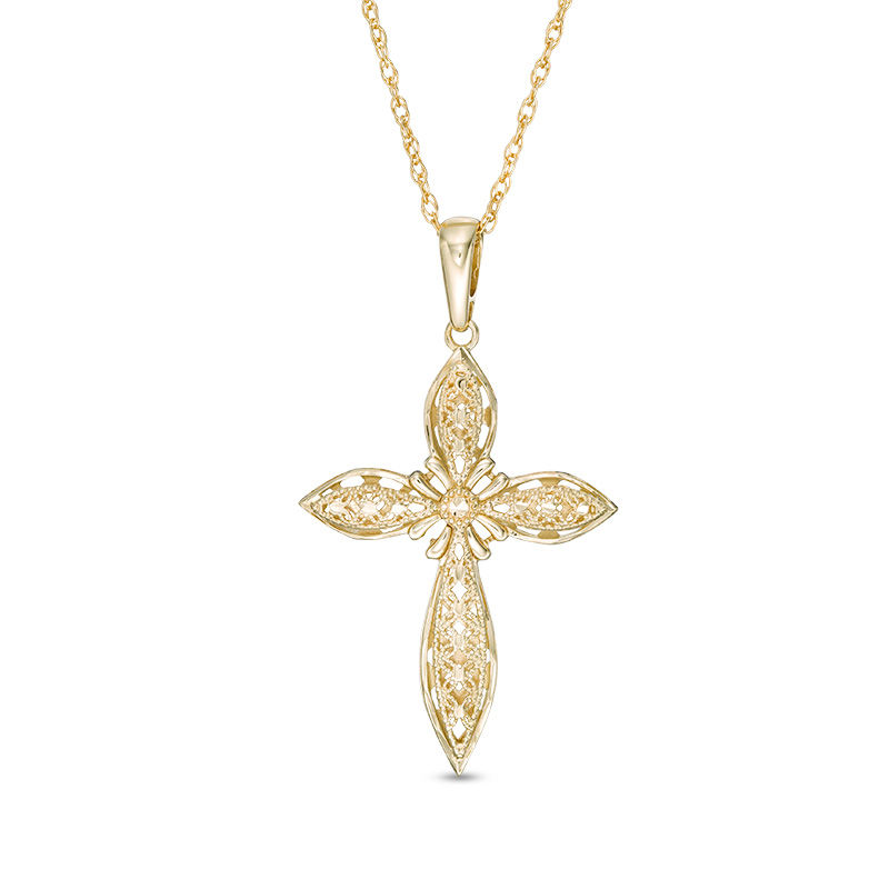 Main Image 1 of Diamond-Cut Filigree Cut-Out Cross Pendant in 10K Gold