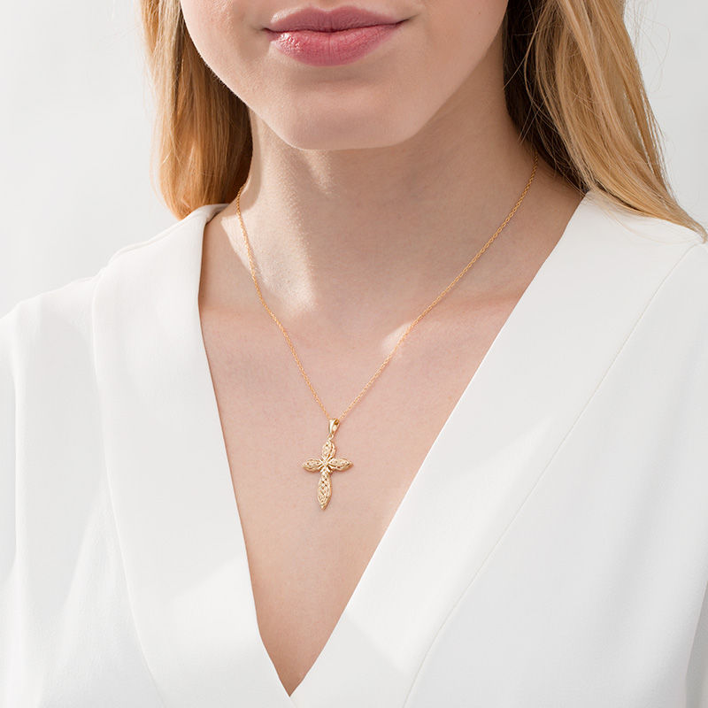 Main Image 2 of Diamond-Cut Filigree Cut-Out Cross Pendant in 10K Gold