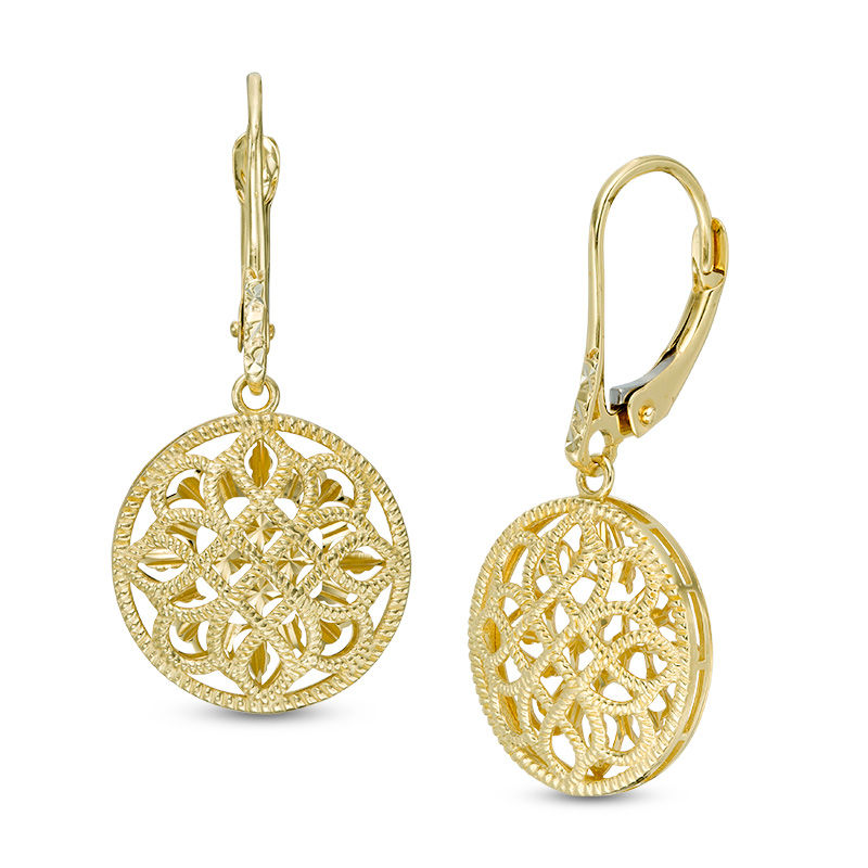 Main Image 1 of Diamond-Cut Filigree Flower Cut-Out Medallion Drop Earrings in 10K Gold