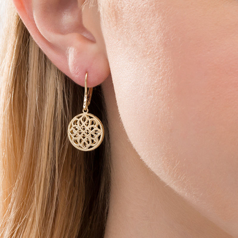 Main Image 2 of Diamond-Cut Filigree Flower Cut-Out Medallion Drop Earrings in 10K Gold