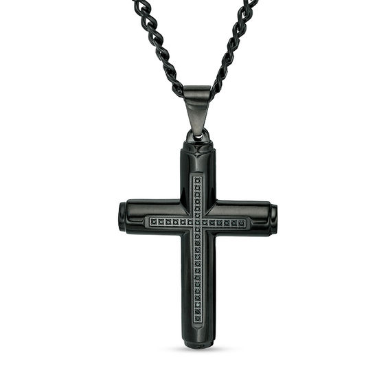 Men's 1/6 CT. T.w. Black Diamond Cross Pendant in Stainless Steel with Black Ion-Plate - 24"