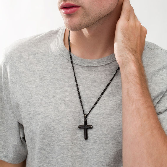 Men's 1/6 CT. T.w. Black Diamond Cross Pendant in Stainless Steel with Black Ion-Plate - 24"