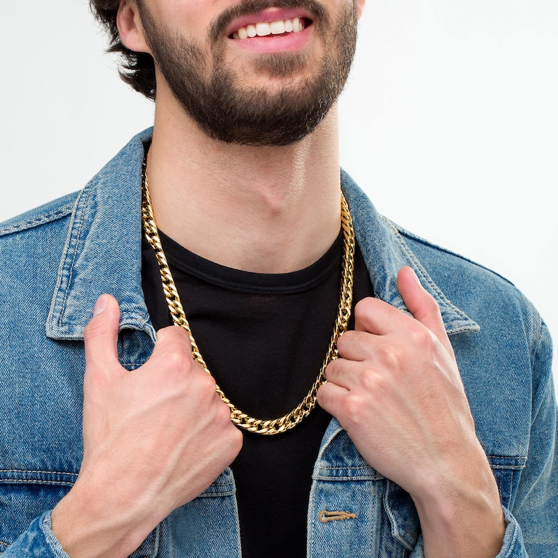Main Image 2 of Men's 9.5mm Curb Chain Necklace in Stainless Steel with Yellow Ion-Plate - 24"