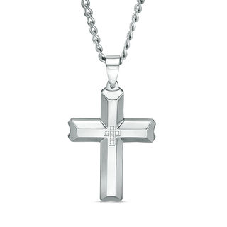 Men's 1/20 CT. T.W. Diamond Satin-Finish Bevelled Edge Cross Pendant in Stainless Steel - 24"