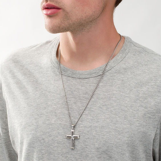 Men's 1/20 CT. T.w. Diamond Satin-Finish Bevelled Edge Cross Pendant in Stainless Steel - 24"