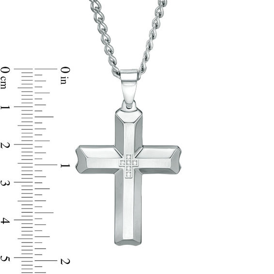 Men's 1/20 CT. T.w. Diamond Satin-Finish Bevelled Edge Cross Pendant in Stainless Steel - 24"