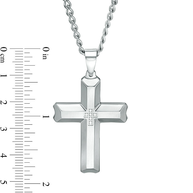 Men's 1/20 CT. T.W. Diamond Satin-Finish Bevelled Edge Cross Pendant in Stainless Steel - 24"