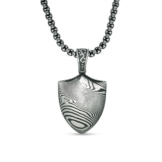 Men's Damascus Pattern Shield Pendant in Stainless Steel with Gunmetal Ion-Plate - 24"